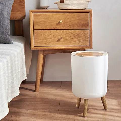Japanese Style Round Trash Can With Press Lid And Detachable Wood Legs Minimalist High Leg Garbage Bin For Home Kitchen Bathroom White