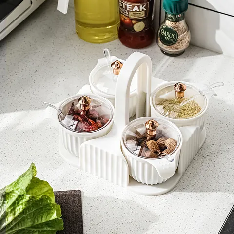 Nordic Kitchen Seasoning Jar Set Spice Storage Box Portable Handle Transparent Lid Spoons Salt Sugar Pepper Organization