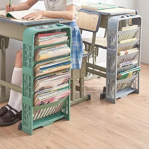 Multi-Layer Student Desk Side Storage Rack Mobile Plastic Bookshelf Organizer With Wheels And Pen Holder For Classroom School Office