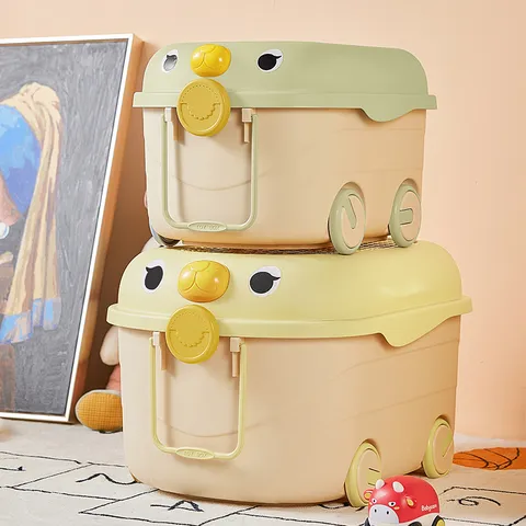 Cartoon Animal Child Toy Storage Box Building Block Lid Moving Storage Bin Wheels Handle Kids Room Home Organization