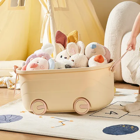 Cartoon Animal Child Toy Storage Box Building Block Lid Moving Storage Bin Wheels Handle Kids Room Home Organization