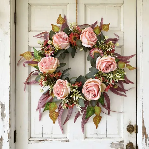 European Vintage Artificial Flower Wreath Roselle Rose Sunflower Front Door Hanging Wedding Home Decor Thanksgiving Autumn Wreath