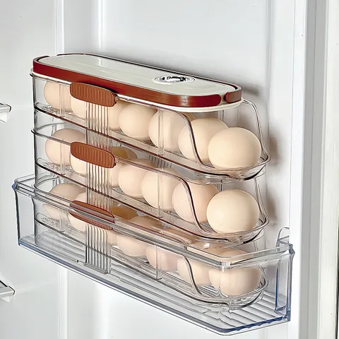 Stackable Rolling Egg Storage Box For Refrigerator Transparent Multi Layer Egg Holder With Date Tracker Kitchen Cabinet Pantry Storage Organizer