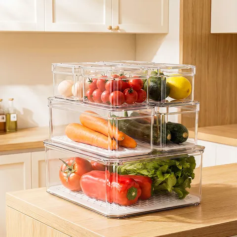 Transparent PET Plastic Refrigerator Food Storage Containers With Drain Trays Airtight Stackable Kitchen Organizer Boxes