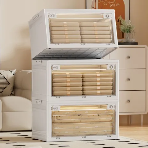 Foldable Storage Box With Wheels Stackable PP Plastic Organizer With Transparent Side Open Door For Bedroom Dorm Camping Closet