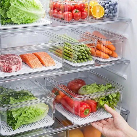 Transparent PET Plastic Refrigerator Food Storage Containers With Drain Trays Airtight Stackable Kitchen Organizer Boxes