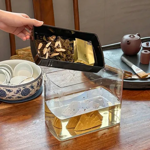 Chinese Stijl Transparante Theeresten Emmer Met Bergzicht Ontwerp Droge En Natte Scheiding Afvalwater Filter Voor Kantoor Theetafel