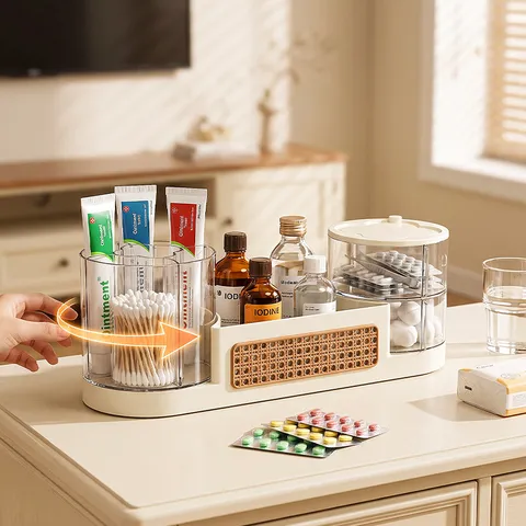 Organisateur de Bureau Multifonctionnel de Luxe Type Tiroir Rangement Cosmétique Médicament Maison Bureau Étagère Décoration Rotin