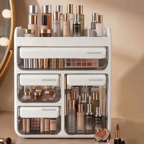 Boîte de Rangement Cosmétique Multifonctionnelle Organisateur de Bureau avec Tiroirs Anti-poussière Grande Capacité Armoire à Soins