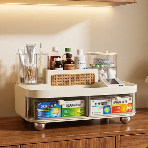 Organisateur de Bureau Multifonctionnel de Luxe Type Tiroir Rangement Cosmétique Médicament Maison Bureau Étagère Décoration Rotin