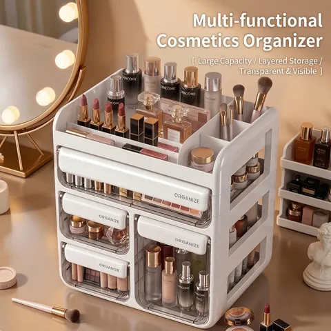 Boîte de Rangement Cosmétique Multifonctionnelle Organisateur de Bureau avec Tiroirs Anti-poussière Grande Capacité Armoire à Soins
