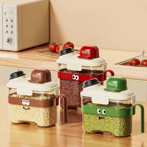 Cartoon Kitchen Cereal Storage Container With Measuring Cup Lid Moisture Proof Sealed Transparent Grain Tank With Handle