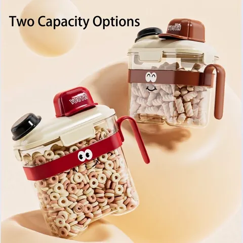 Cartoon Kitchen Cereal Storage Container With Measuring Cup Lid Moisture Proof Sealed Transparent Grain Tank With Handle