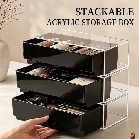 Modern PET Schreibtisch Aufbewahrungsbox Stapelbar Schublade Make-Up Organizer Transluzent Schwarz Transparent Kosmetik Organizer Für Schlafzimmer Büro