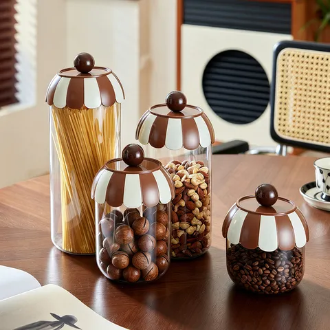 Transparent PET Plastic Kitchen Storage Jar With Striped Sealing Lid Moisture-Proof Food Container For Grain Nuts Coffee