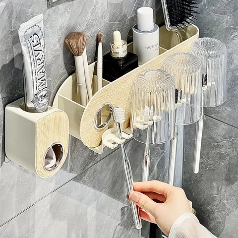 Wall-Mounted Toothbrush Holder Set Creamy Style No-Drilling Bathroom Storage Rack With Magnetic Inverted Mouthwash Cups Automatic Toothpaste Dispenser Wood Grain Finish