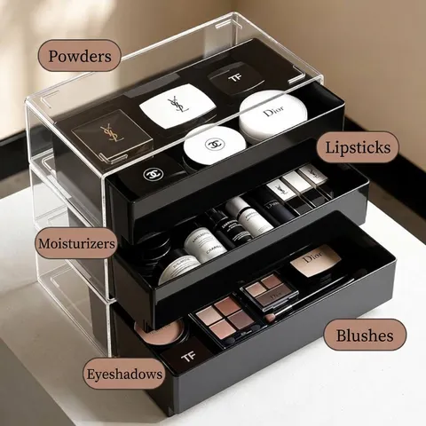 Modern PET Schreibtisch Aufbewahrungsbox Stapelbar Schublade Make-Up Organizer Transluzent Schwarz Transparent Kosmetik Organizer Für Schlafzimmer Büro