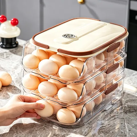 Stackable Rolling Egg Storage Box For Refrigerator Transparent Multi Layer Egg Holder With Date Tracker Kitchen Cabinet Pantry Storage Organizer