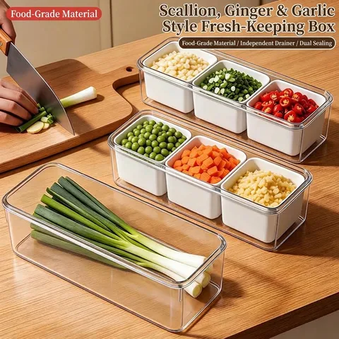 Boîte de Rangement Alimentaire PET Divisée Étanchéité Hermétique Organisateur de Réfrigérateur pour Gingembre Ail Légumes Frais