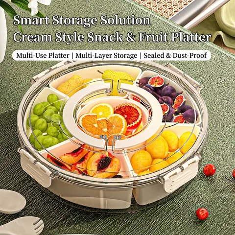 Plato de Frutas Giratorio Con Tapa Y Asa 6 Compartimentos Caja De Aperitivos Sellada Bandeja De Frutos Secos Portátil Para Hogar Oficina