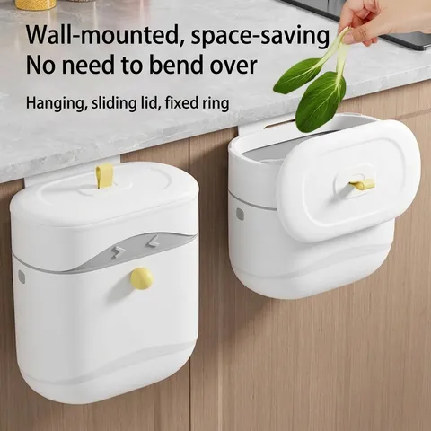 Wall Mounted Kitchen Trash Can Large Capacity Plastic Waste Bin With Sliding Lid For Cabinet Cupboard Door Garbage Pail