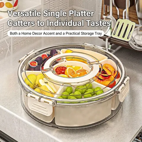 Plato de Frutas Giratorio Con Tapa Y Asa 6 Compartimentos Caja De Aperitivos Sellada Bandeja De Frutos Secos Portátil Para Hogar Oficina