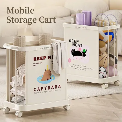 Large Capacity Cream Style Laundry Basket Rolling Storage Cart With Universal Wheels And Handles Cartoon Print Laundry Hamper For Bathroom Bedroom