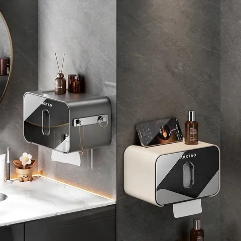 Modern Wall-Mounted Bathroom Tissue Box Holder With Shelf Waterproof Plastic Toilet Paper Storage Case With Mirror Panel