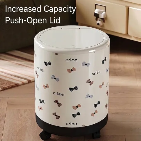 Large Capacity Household Trash Can With Universal Wheels Portable Storage Bucket Printed Bowknot Grid Waste Bin With Lid