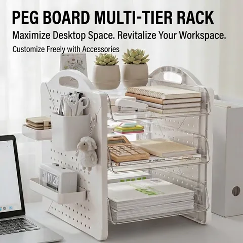 Multifunctional Pegboard Desk Organizer Three Tiers Transparent Trays Desktop Storage Rack Document Shelf For Office Stationery