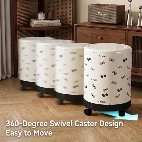 Large Capacity Household Trash Can With Universal Wheels Portable Storage Bucket Printed Bowknot Grid Waste Bin With Lid