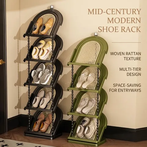 Rattan Pattern Plastic Shoe Rack Multi Tier Vertical Space Saving Shoe Organizer For Entryway Living Room Stackable Shelf
