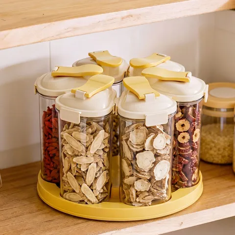 Rotating Grain Storage Jar Set Transparent Sealed Moisture-Proof Food Containers Kitchen Organizer With Revolving Base