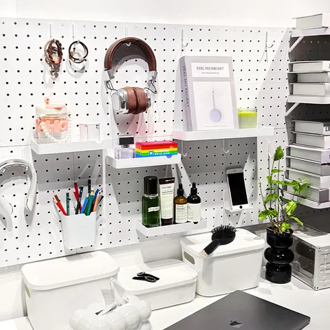 Wall Mounted Pegboard Storage Rack DIY Modular Desktop Organizer Office School Dormitory Hanging White Plastic Shelf Set
