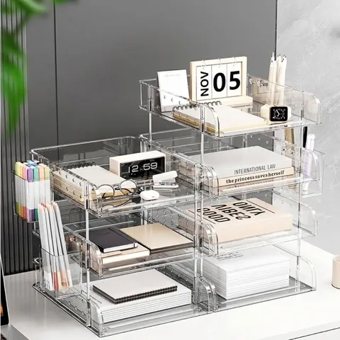 Modern Transparent Acrylic Desktop Storage Rack Multi-layer File Holder Office Stationery Organizer Document Tray With Pen Holder