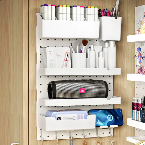 Wall Mounted Pegboard Storage Rack DIY Modular Desktop Organizer Office School Dormitory Hanging White Plastic Shelf Set