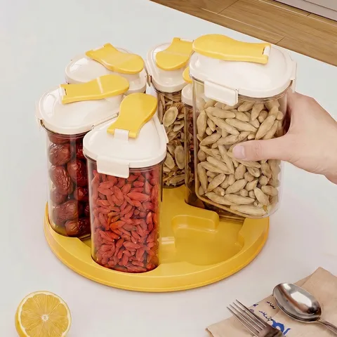 Rotating Grain Storage Jar Set Transparent Sealed Moisture-Proof Food Containers Kitchen Organizer With Revolving Base