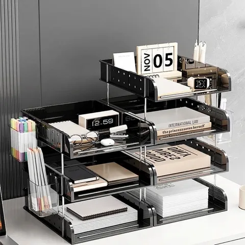 Modern Transparent Acrylic Desktop Storage Rack Multi-layer File Holder Office Stationery Organizer Document Tray With Pen Holder