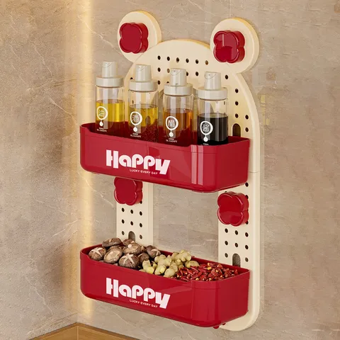 Dopamine Color Wall Mounted Kitchen Spice Rack Multi-functional No Drill Plastic Seasoning Storage Shelf Cartoon Bear Shape Organizer