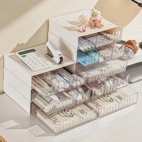 Desktop Storage Box Drawer Type Stationery Makeup Organizer Plastic Large Capacity Tabletop Sorting Storage Case Modern Case
