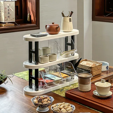 Mehrschichtiges Desktop Lagerregal Gestuftes Küchen Gewürzregal Kunststoff Snack Aufbewahrungsregal Mit Transparenten Boxen Für Büro Tee Set Vorratskammer