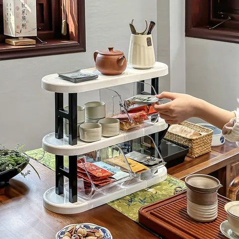 Mehrschichtiges Desktop Lagerregal Gestuftes Küchen Gewürzregal Kunststoff Snack Aufbewahrungsregal Mit Transparenten Boxen Für Büro Tee Set Vorratskammer