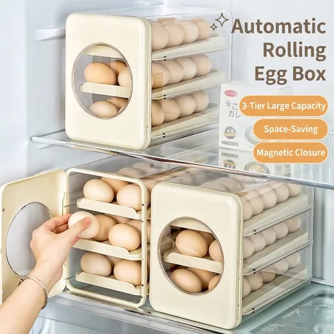 Caja de Almacenamiento de Huevos de Rodamiento Automático de 3 Capas para Refrigerador Soporte de Huevos de Plástico Con Puerta Magnética