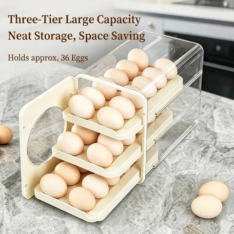 Caja de Almacenamiento de Huevos de Rodamiento Automático de 3 Capas para Refrigerador Soporte de Huevos de Plástico Con Puerta Magnética