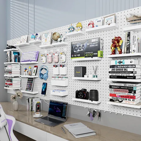 Étagère de Rangement Murale DIY Panneau Perforé Blanc Sans Perçage Organisateur Mural Modulaire pour Bureau Chambre Cuisine Étagère Multifonctionnelle