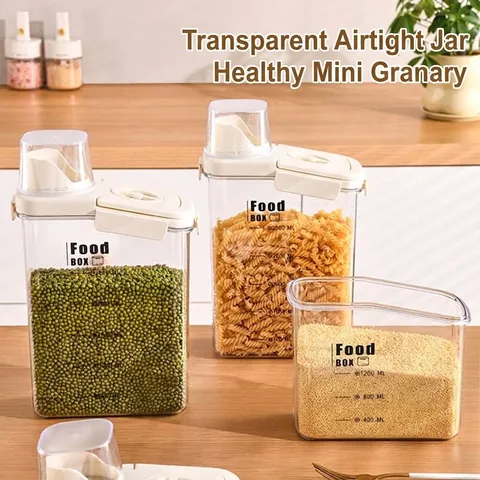 Recipiente Hermético de Almacenamiento de Alimentos para Cocina Con Taza Medidora Escala Dispensador de Cereales Transparente Antihumedad