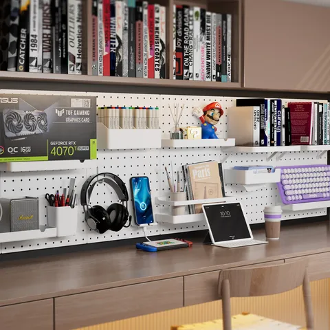 Étagère de Rangement Murale DIY Panneau Perforé Blanc Sans Perçage Organisateur Mural Modulaire pour Bureau Chambre Cuisine Étagère Multifonctionnelle