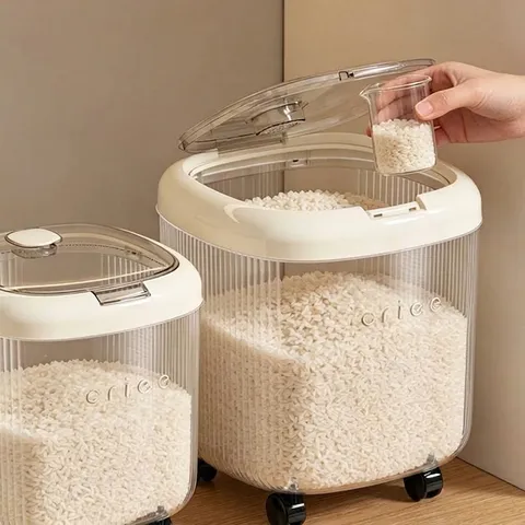 Large Capacity Rice Storage Container Food Grade PP Transparent Airtight Grain Storage Bin Kitchen Moisture Proof Insect Box With Measuring Cup And Wheels