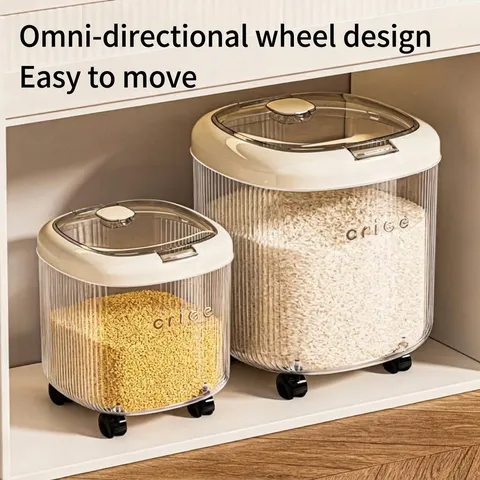Large Capacity Rice Storage Container Food Grade PP Transparent Airtight Grain Storage Bin Kitchen Moisture Proof Insect Box With Measuring Cup And Wheels