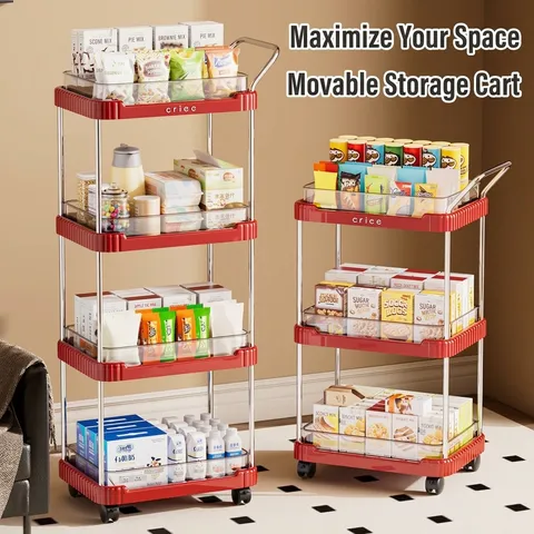 Multi-Layer Kitchen Storage Rack Movable Rolling Trolley With Wheels Handle Plastic Stainless Steel Organizer Cart For Kitchen Bathroom Bedroom Living Room